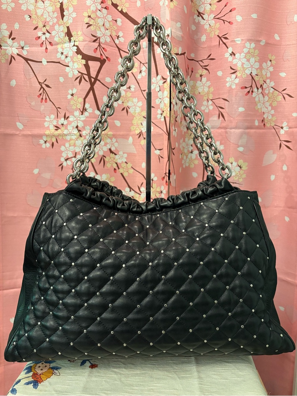 Tiffany & Co Silver Studded Quilted Leather Shoulder Hobo Bag Black Blue